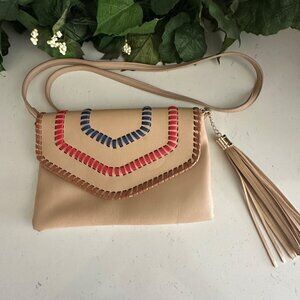 Handcrafted Beige Crossbody Bag With Red & Blue Accent Stitching Tassel Detail &